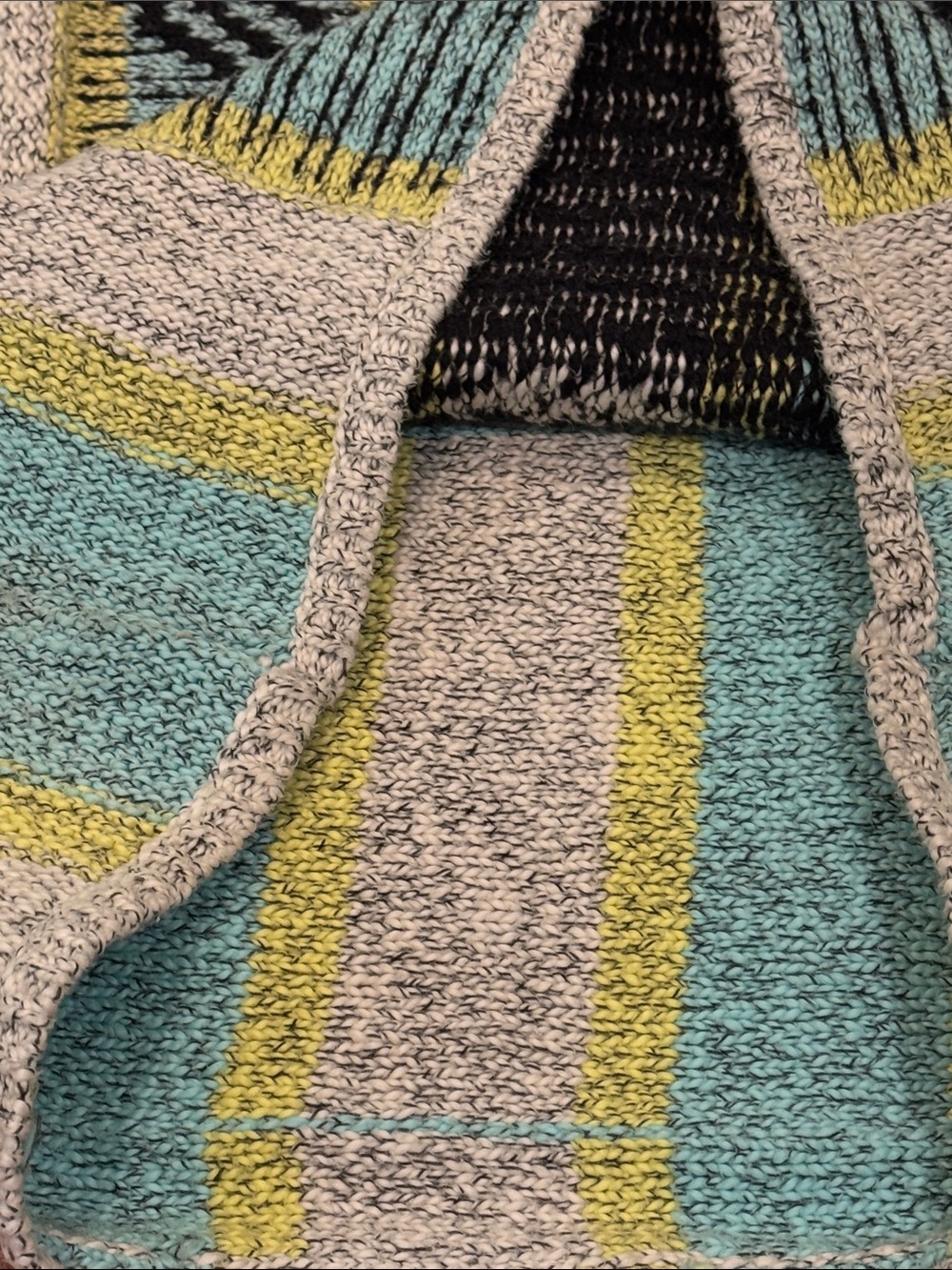 Large wm’s soft and cozy Hooded Striped Baja Sweater - Teal, Gray, Yellow - Picture 15 of 15